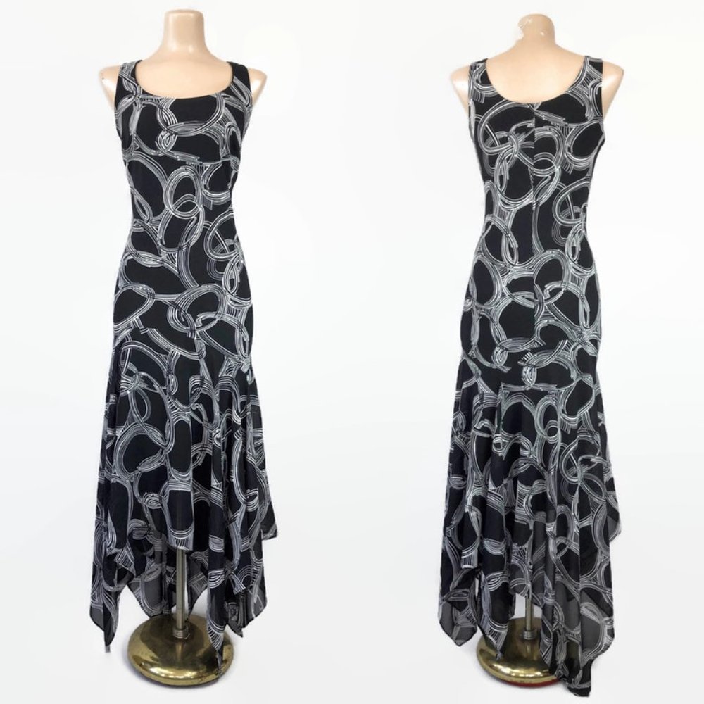 VINTAGE 90s does 30s Black and Ivory Print Drop Waist Handkerchief Dress Size 12